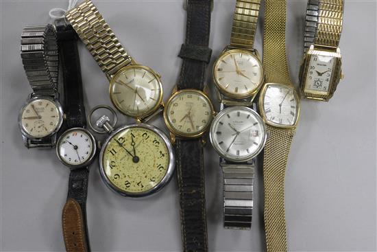 Eight assorted gentlemans wrist watches including Avia, Majex and early 20th century silver and a pocket watch.